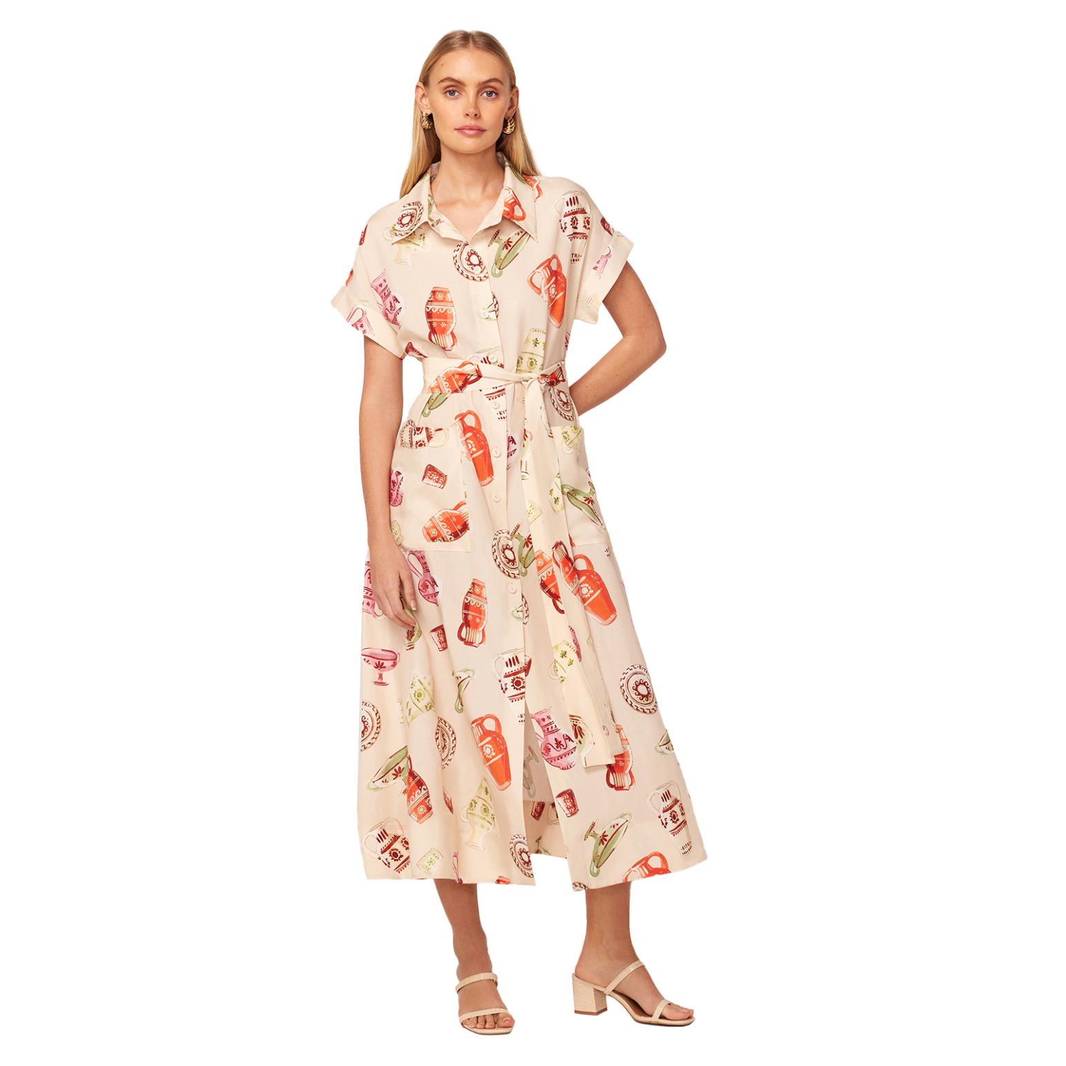 KITRI Alessandra Ivory Pottery Print Midi Shirt Dress